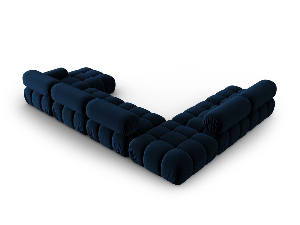 Cortina Modul-Ecksofa links von Cosmopolitan Design in Pink-Bluvel-Samt, 7-Sitzer, Panorama-Form mit Récamiere, schwarze Kunststoffbeine.
