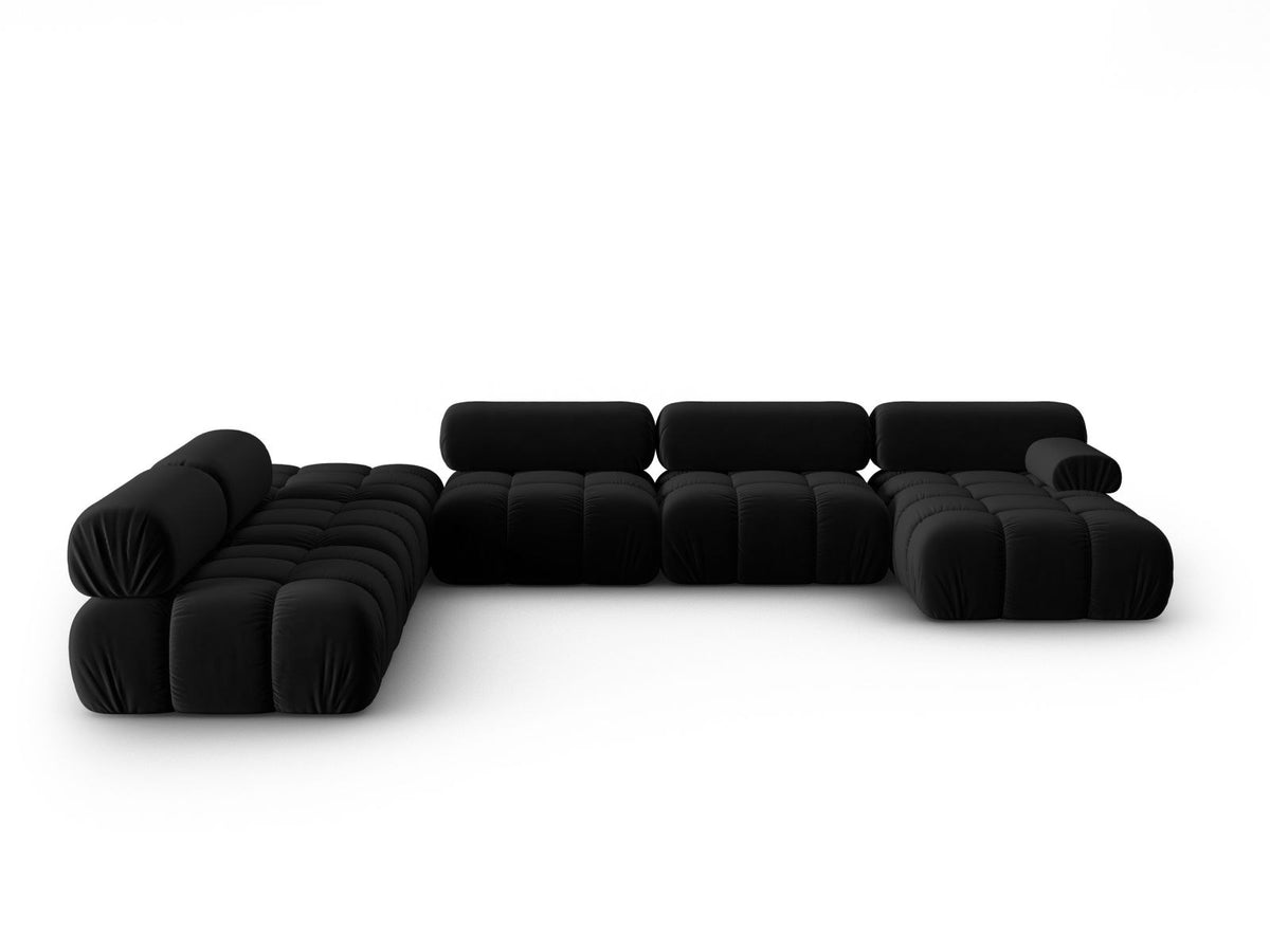 Cortina Modul-Ecksofa links von Cosmopolitan Design in Pink-Bluvel-Samt, 7-Sitzer, Panorama-Form mit Récamiere, schwarze Kunststoffbeine.