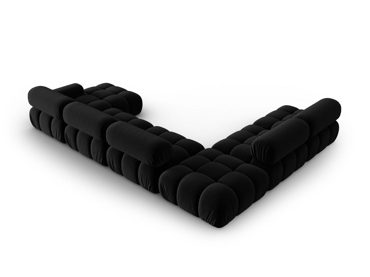 Cortina Modul-Ecksofa links von Cosmopolitan Design in Pink-Bluvel-Samt, 7-Sitzer, Panorama-Form mit Récamiere, schwarze Kunststoffbeine.