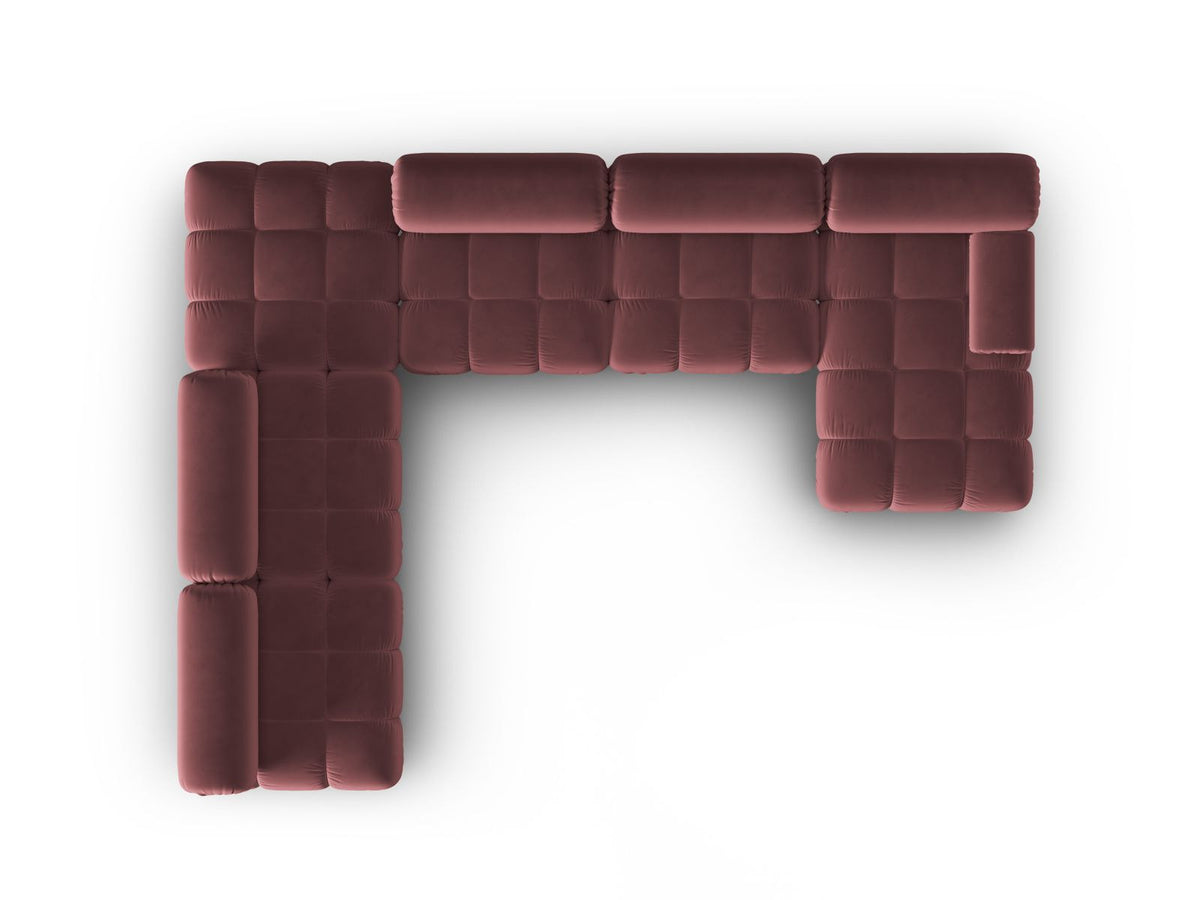 Cortina Modul-Ecksofa links von Cosmopolitan Design in Pink-Bluvel-Samt, 7-Sitzer, Panorama-Form mit Récamiere, schwarze Kunststoffbeine.