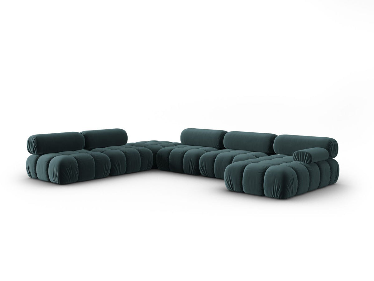 Cortina Modul-Ecksofa links von Cosmopolitan Design in Pink-Bluvel-Samt, 7-Sitzer, Panorama-Form mit Récamiere, schwarze Kunststoffbeine.
