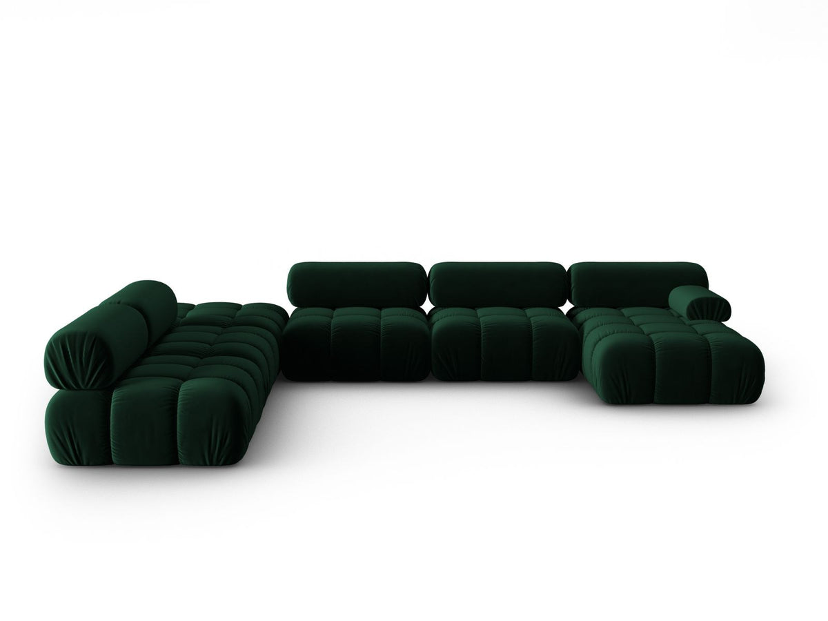 Cortina Modul-Ecksofa links von Cosmopolitan Design in Pink-Bluvel-Samt, 7-Sitzer, Panorama-Form mit Récamiere, schwarze Kunststoffbeine.
