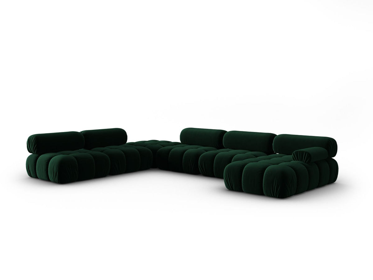 Cortina Modul-Ecksofa links von Cosmopolitan Design in Pink-Bluvel-Samt, 7-Sitzer, Panorama-Form mit Récamiere, schwarze Kunststoffbeine.