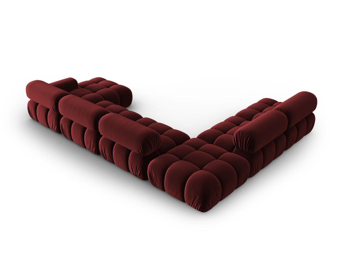 Cortina Modul-Ecksofa links von Cosmopolitan Design in Pink-Bluvel-Samt, 7-Sitzer, Panorama-Form mit Récamiere, schwarze Kunststoffbeine.