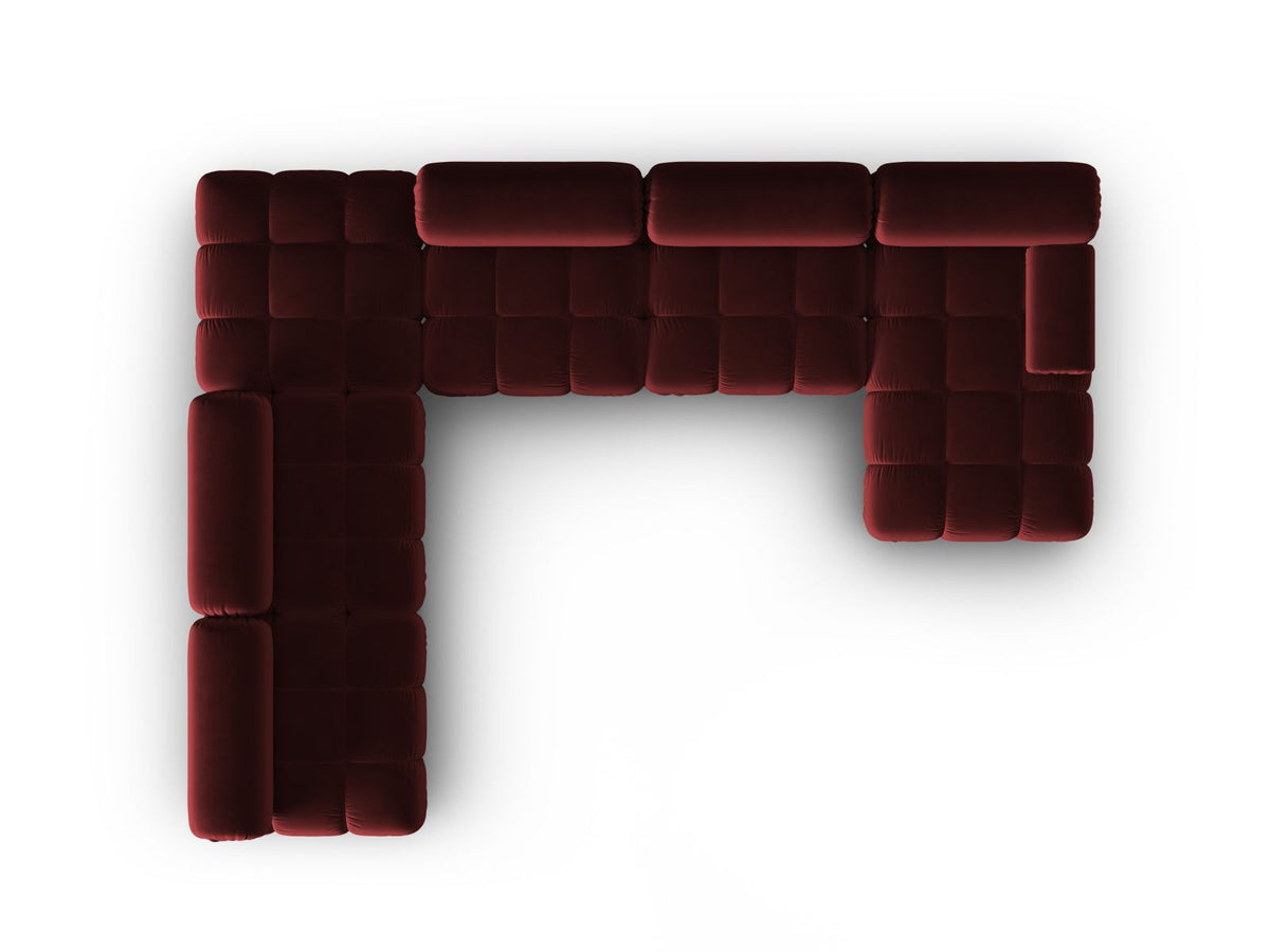 Cortina Modul-Ecksofa links von Cosmopolitan Design in Pink-Bluvel-Samt, 7-Sitzer, Panorama-Form mit Récamiere, schwarze Kunststoffbeine.