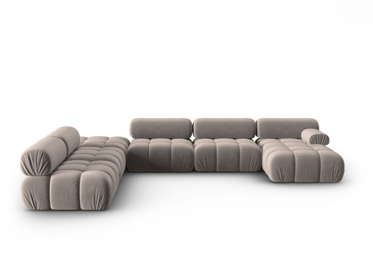 Cortina Modul-Ecksofa links von Cosmopolitan Design in Pink-Bluvel-Samt, 7-Sitzer, Panorama-Form mit Récamiere, schwarze Kunststoffbeine.