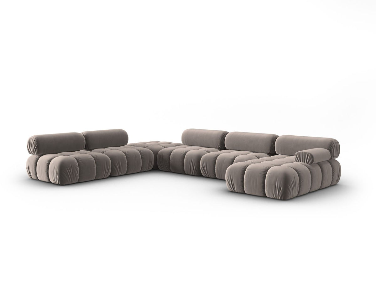 Cortina Modul-Ecksofa links von Cosmopolitan Design in Pink-Bluvel-Samt, 7-Sitzer, Panorama-Form mit Récamiere, schwarze Kunststoffbeine.