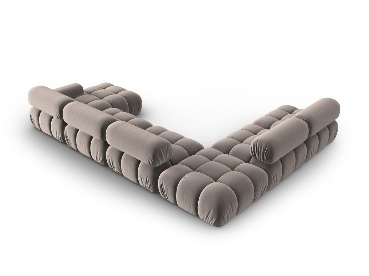 Cortina Modul-Ecksofa links von Cosmopolitan Design in Pink-Bluvel-Samt, 7-Sitzer, Panorama-Form mit Récamiere, schwarze Kunststoffbeine.