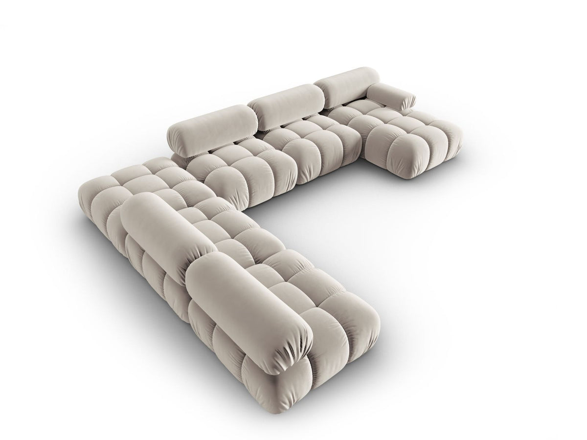 Cortina Modul-Ecksofa links von Cosmopolitan Design in Pink-Bluvel-Samt, 7-Sitzer, Panorama-Form mit Récamiere, schwarze Kunststoffbeine.