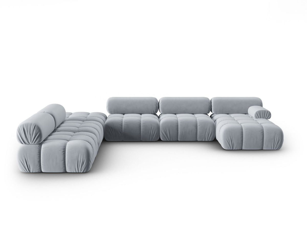 Cortina Modul-Ecksofa links von Cosmopolitan Design in Pink-Bluvel-Samt, 7-Sitzer, Panorama-Form mit Récamiere, schwarze Kunststoffbeine.