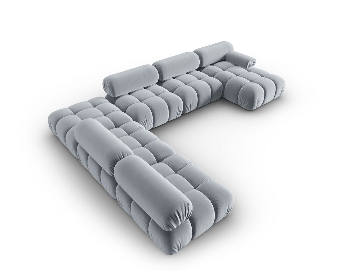 Cortina Modul-Ecksofa links von Cosmopolitan Design in Pink-Bluvel-Samt, 7-Sitzer, Panorama-Form mit Récamiere, schwarze Kunststoffbeine.