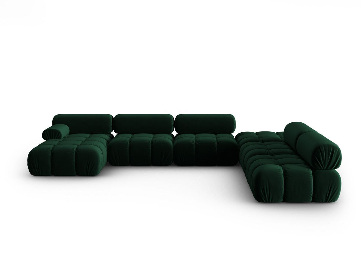 Modulares Ecksofa rechts Cortina in Pink-Bluvel Samtstoff mit Massivholzrahmen und schwarzen Kunststoffbeinen, 7-Sitzer Panorama-Design.