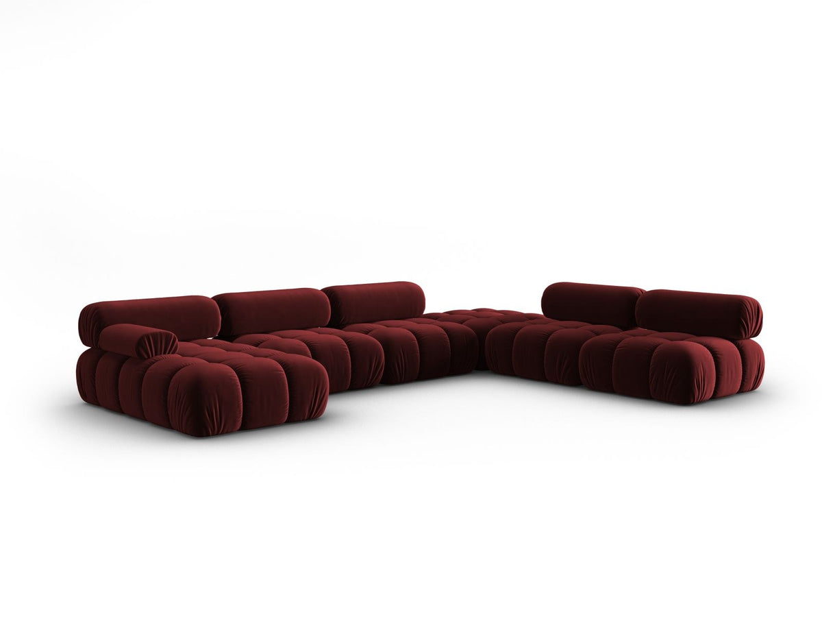 Modulares Ecksofa rechts Cortina in Pink-Bluvel Samtstoff mit Massivholzrahmen und schwarzen Kunststoffbeinen, 7-Sitzer Panorama-Design.