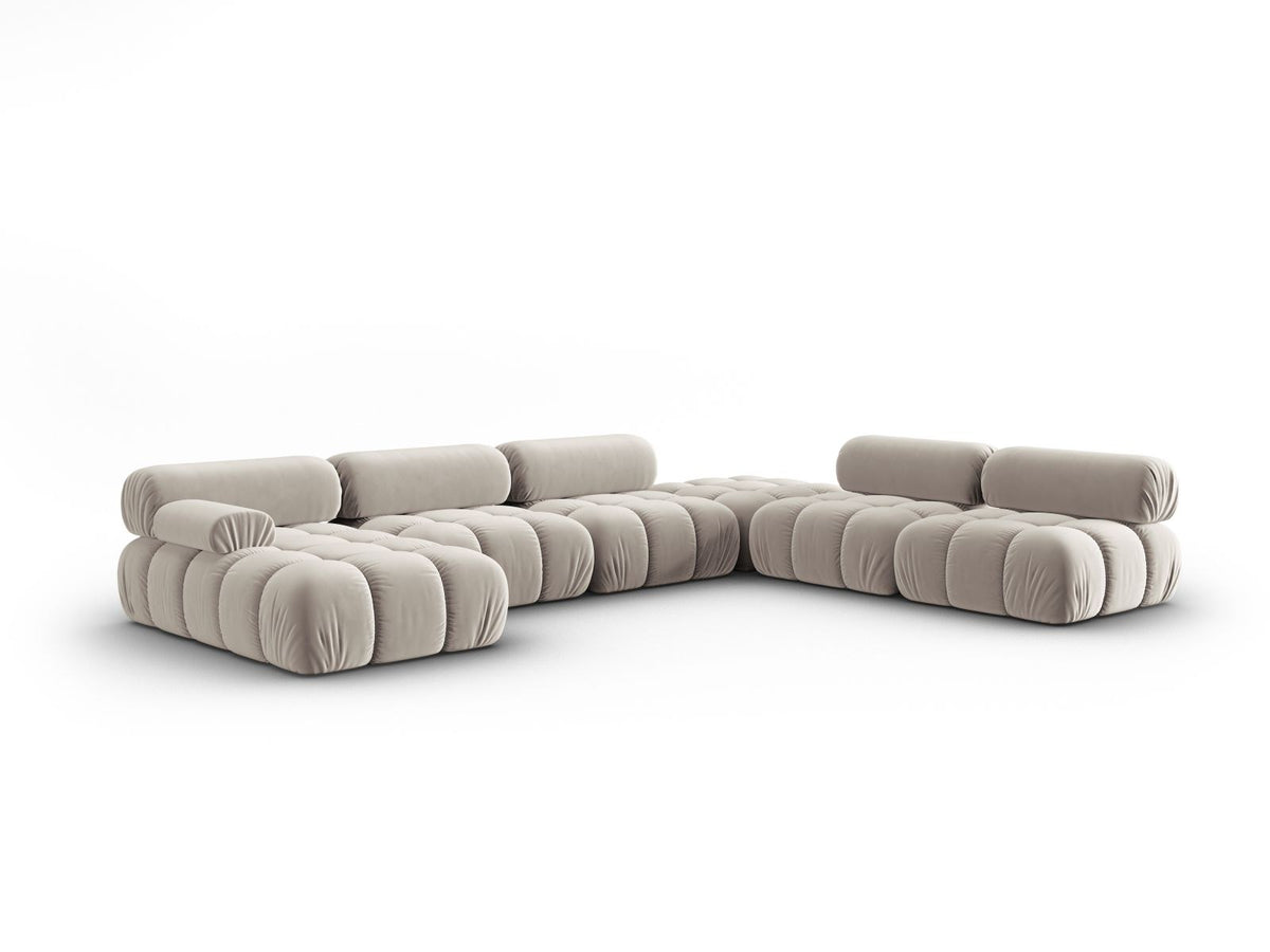 Modulares Ecksofa rechts Cortina in Pink-Bluvel Samtstoff mit Massivholzrahmen und schwarzen Kunststoffbeinen, 7-Sitzer Panorama-Design.