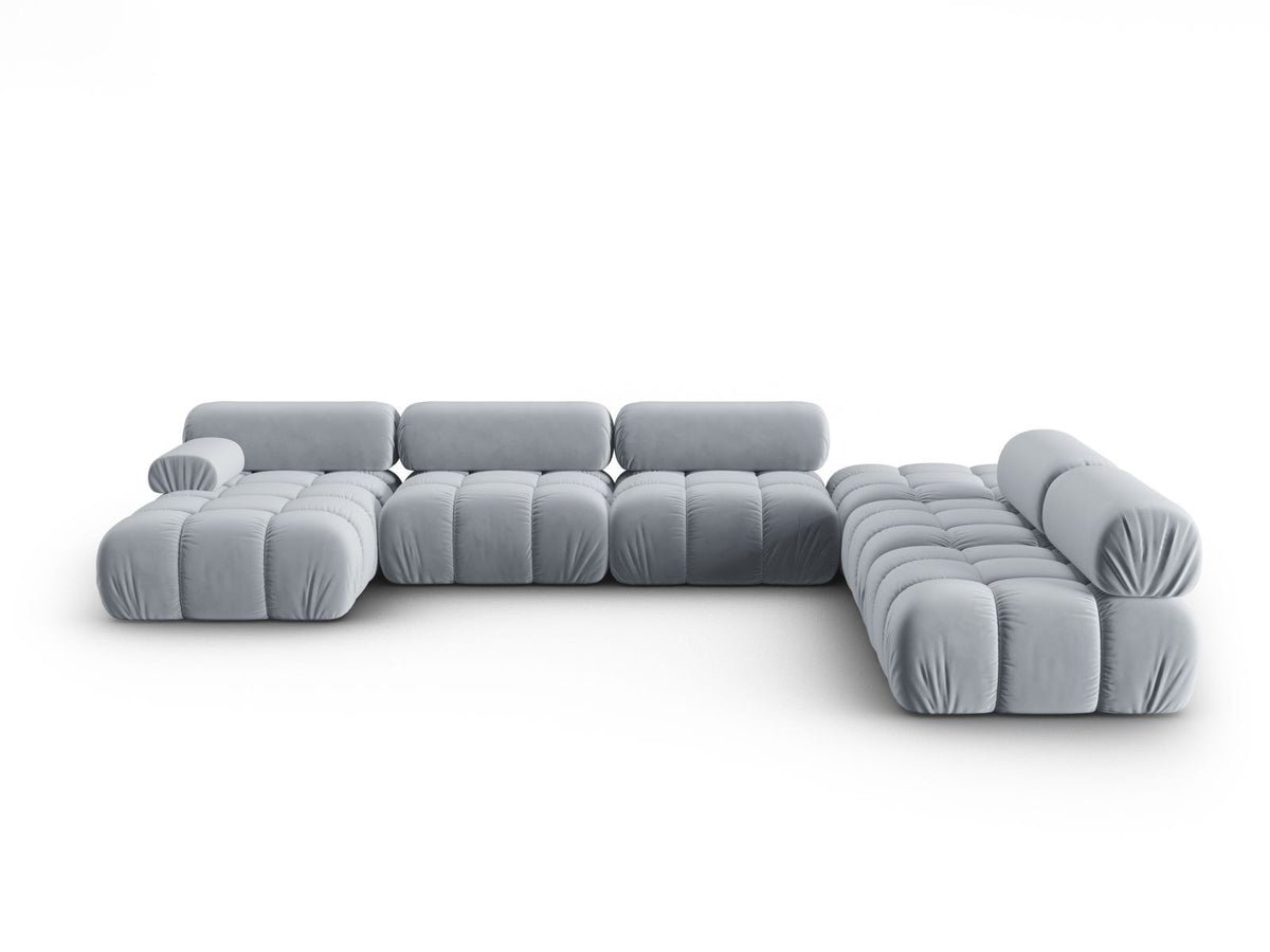 Modulares Ecksofa rechts Cortina in Pink-Bluvel Samtstoff mit Massivholzrahmen und schwarzen Kunststoffbeinen, 7-Sitzer Panorama-Design.
