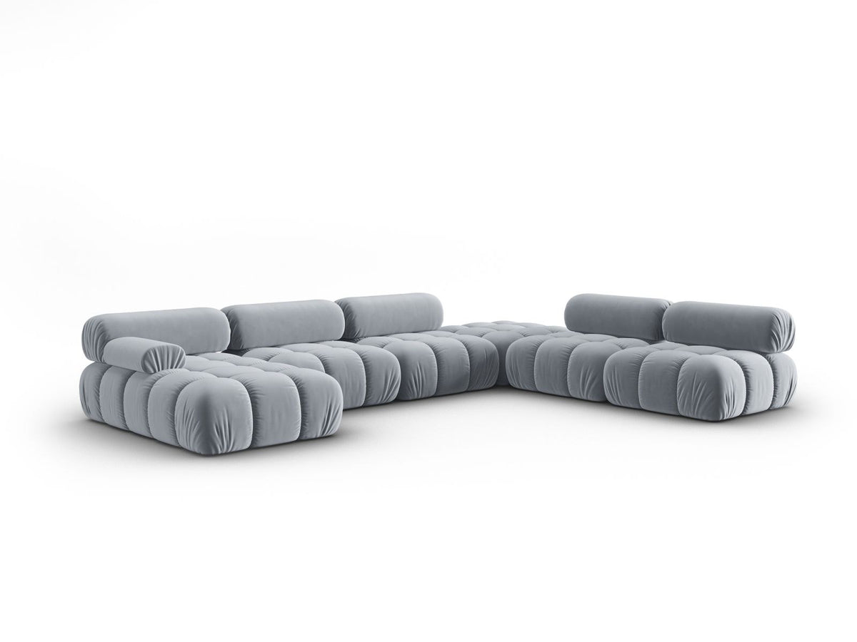 Modulares Ecksofa rechts Cortina in Pink-Bluvel Samtstoff mit Massivholzrahmen und schwarzen Kunststoffbeinen, 7-Sitzer Panorama-Design.