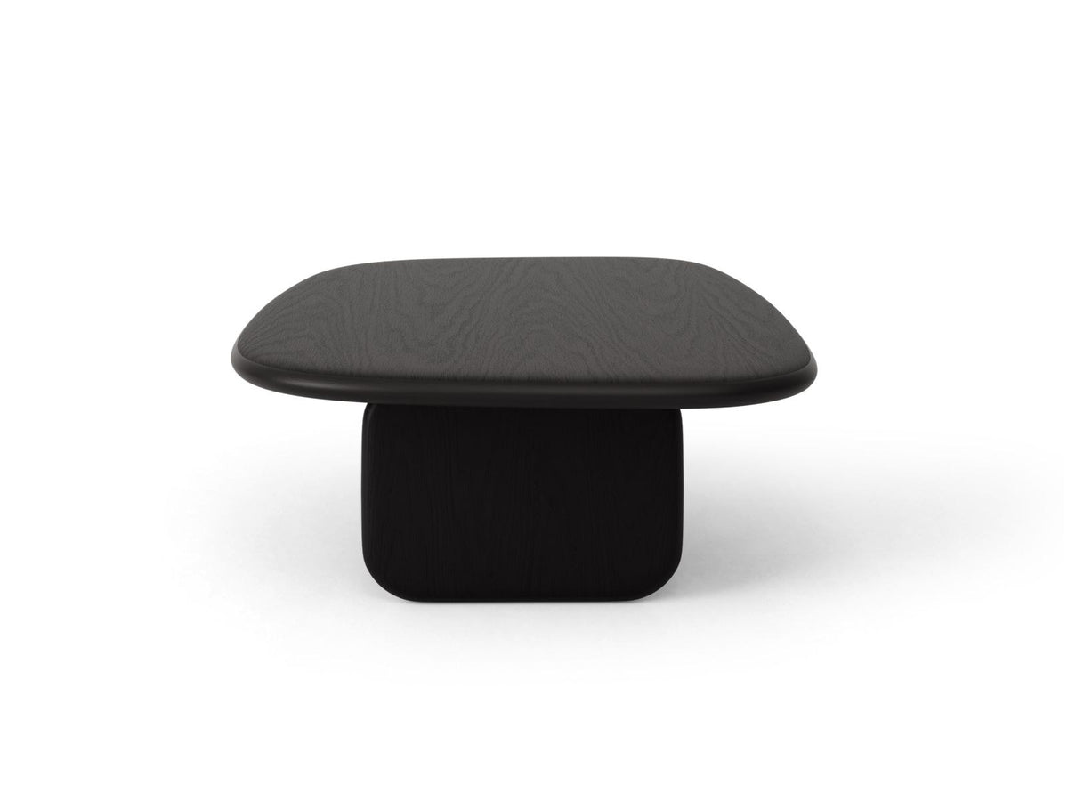 Rechteckiger Couchtisch Sora mit Eichenfurnier in Black Oak-Wood, Holzbeine, gebürstete und lackierte Oberfläche, moderne Form.