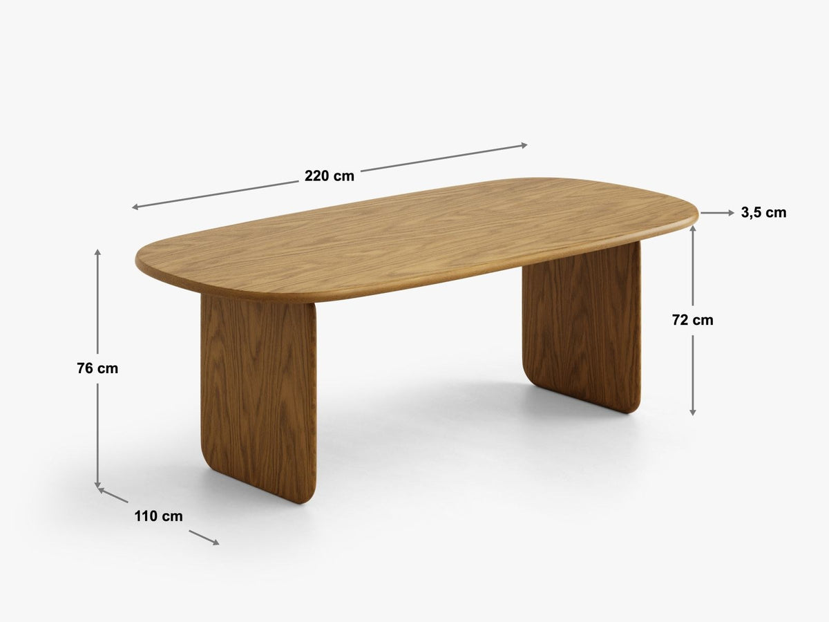 Esstisch aus Holz mit Eichenfurnier in Schwarz, rechteckige Tischplatte mit Holzbeinen, Ansicht von der Seite.