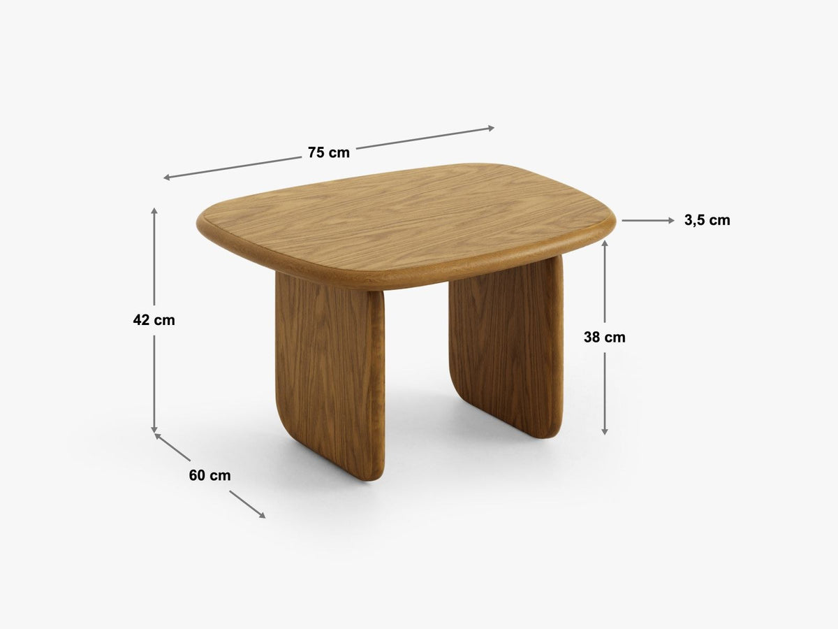 Couchtisch Sora aus Hartholz mit Eichenfurnier in Black Oak-Wood, rechteckige Form mit Holzbeinen, Höhe 42 cm, Breite 75 cm, Tiefe 60 cm.