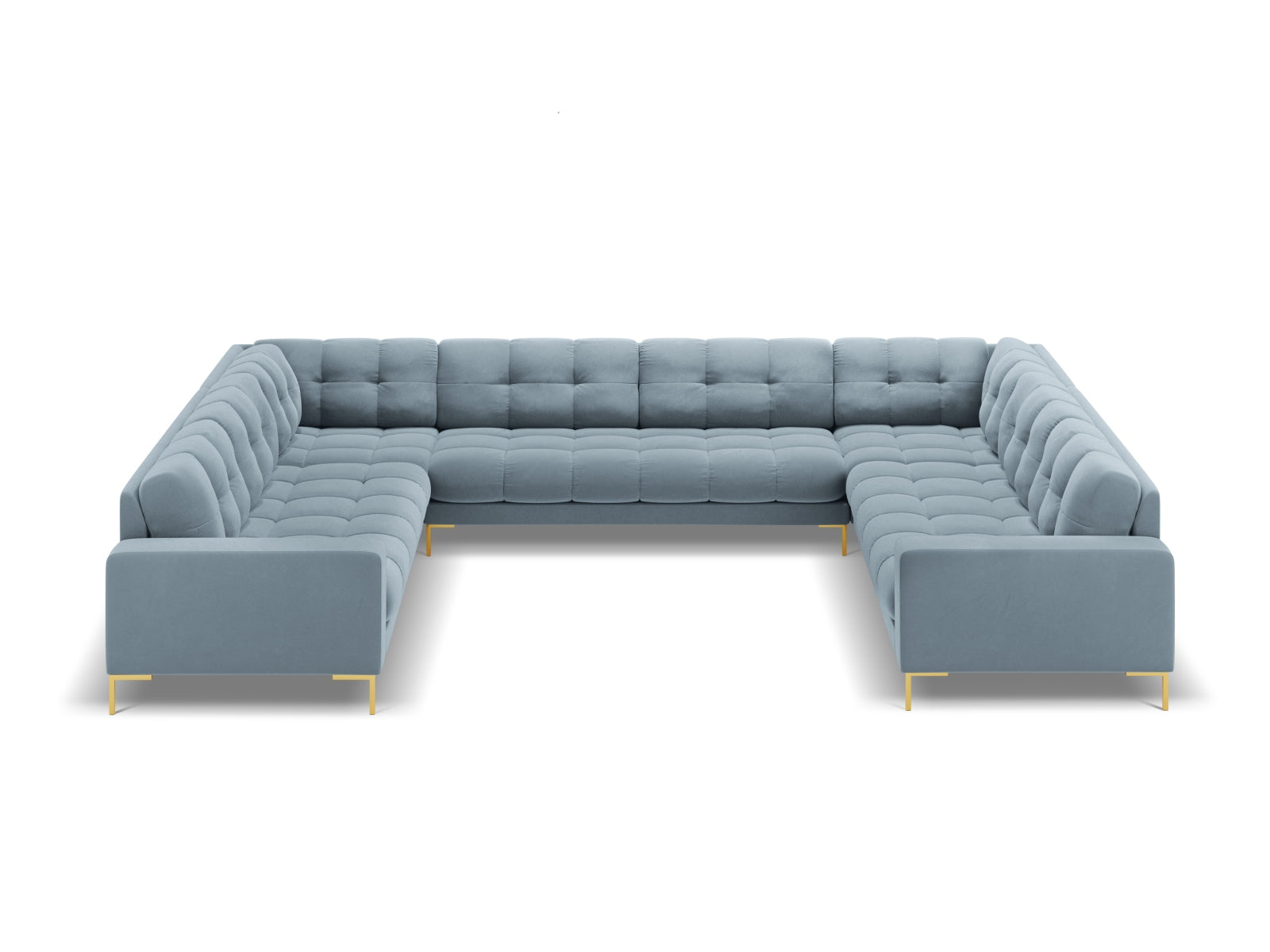 Elegantes 9-Sitzer Ecksofa Bali in sanftem Hellblau, ideal für stilvolle Wohnräume und gesellige Zusammenkünfte.