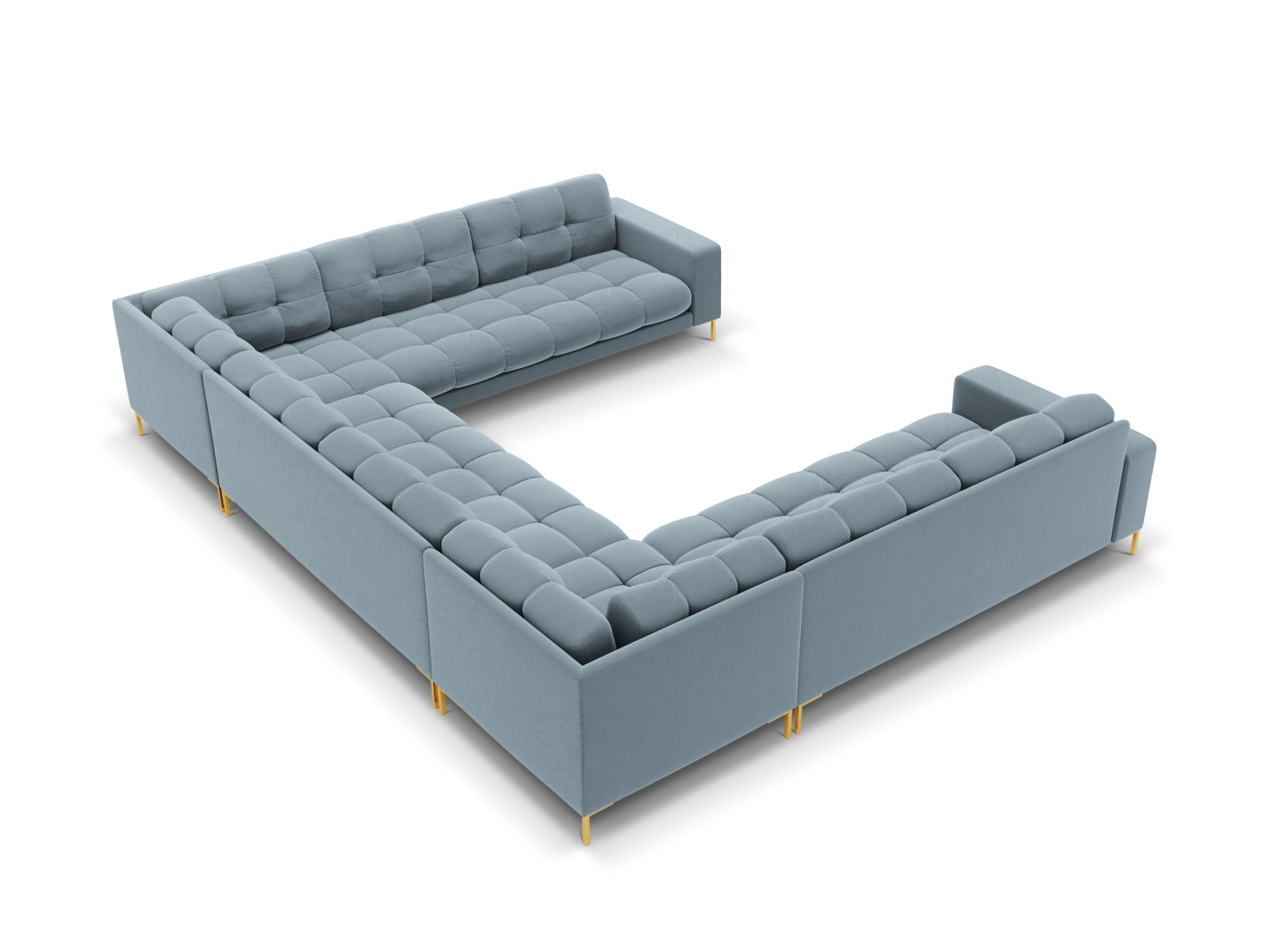 Elegantes 9-Sitzer Ecksofa Bali in sanftem Hellblau, ideal für stilvolle Wohnräume und gesellige Zusammenkünfte.