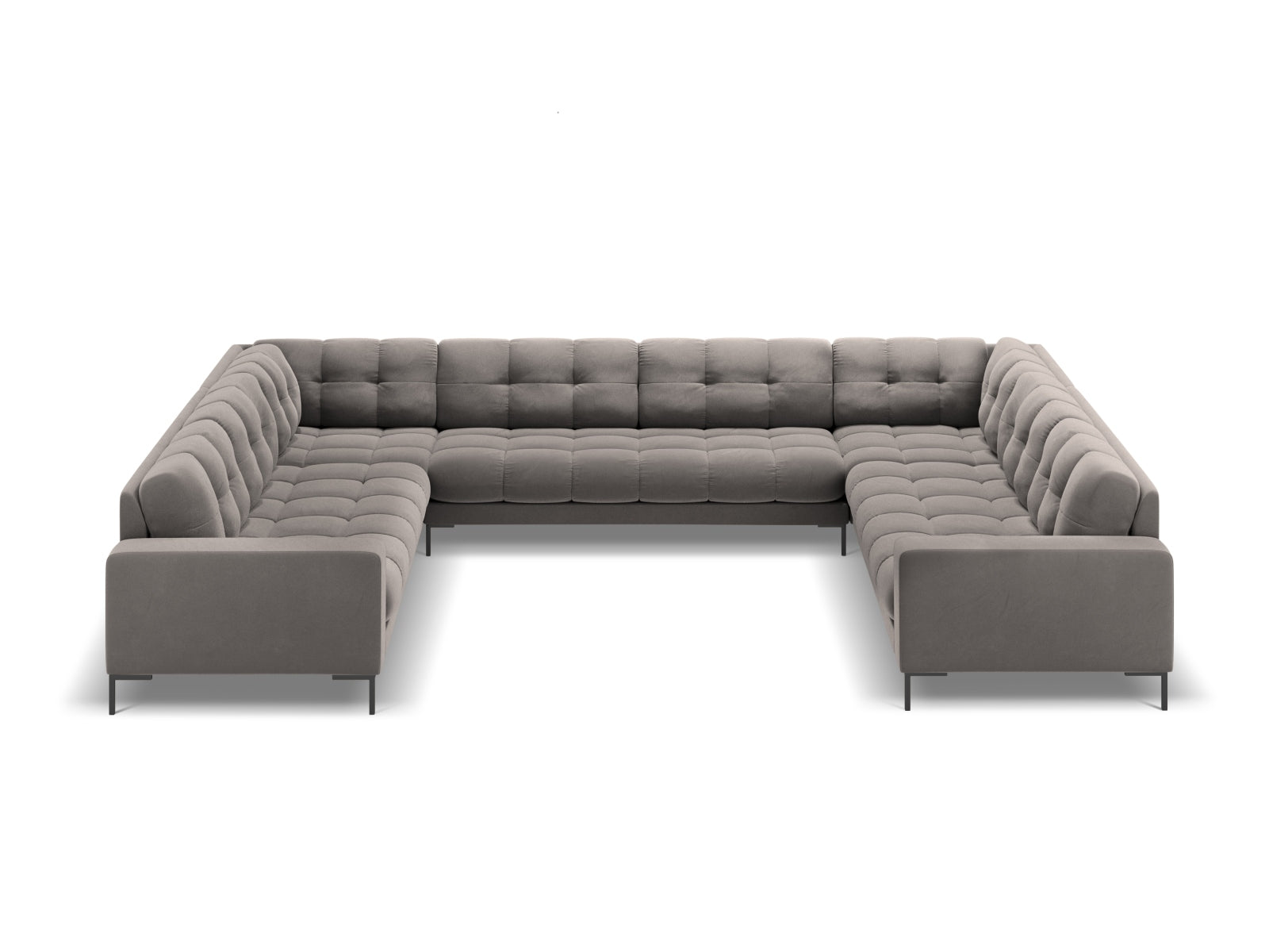 Elegantes 9-Sitzer Ecksofa Bali in sanftem Light Grey-Bluvel, ideal für stilvolle Wohnräume und gesellige Abende.