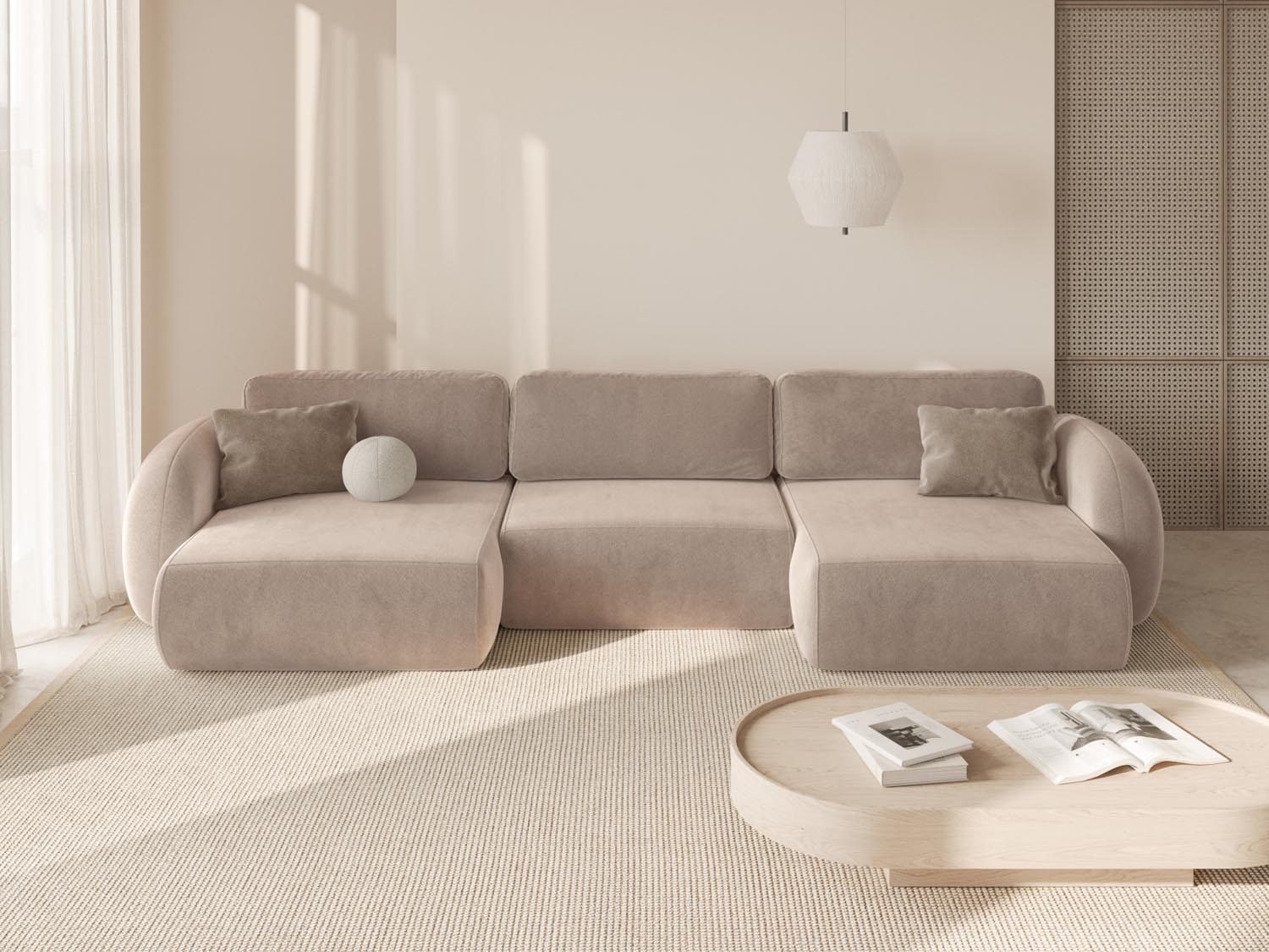 Tonale Velour Panoramic Ecksofa rechts mit Schlaffunktion und Stauraum 5 Sitzer in Almond Beige präsentiert im Onlineshop von KAQTU Design AG. Ecksofa rechts ist von Cosmopolitan Design