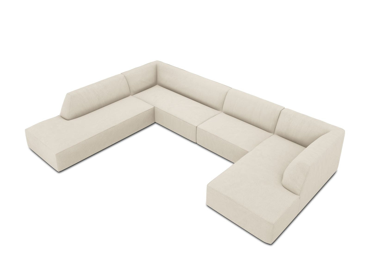 Cosmopolitan Design Siena Panorama-Ecksofa links, 7-Sitzer in Light Beige-Scala Cordstoff mit Massivholzrahmen und Kunststoffbeinen.