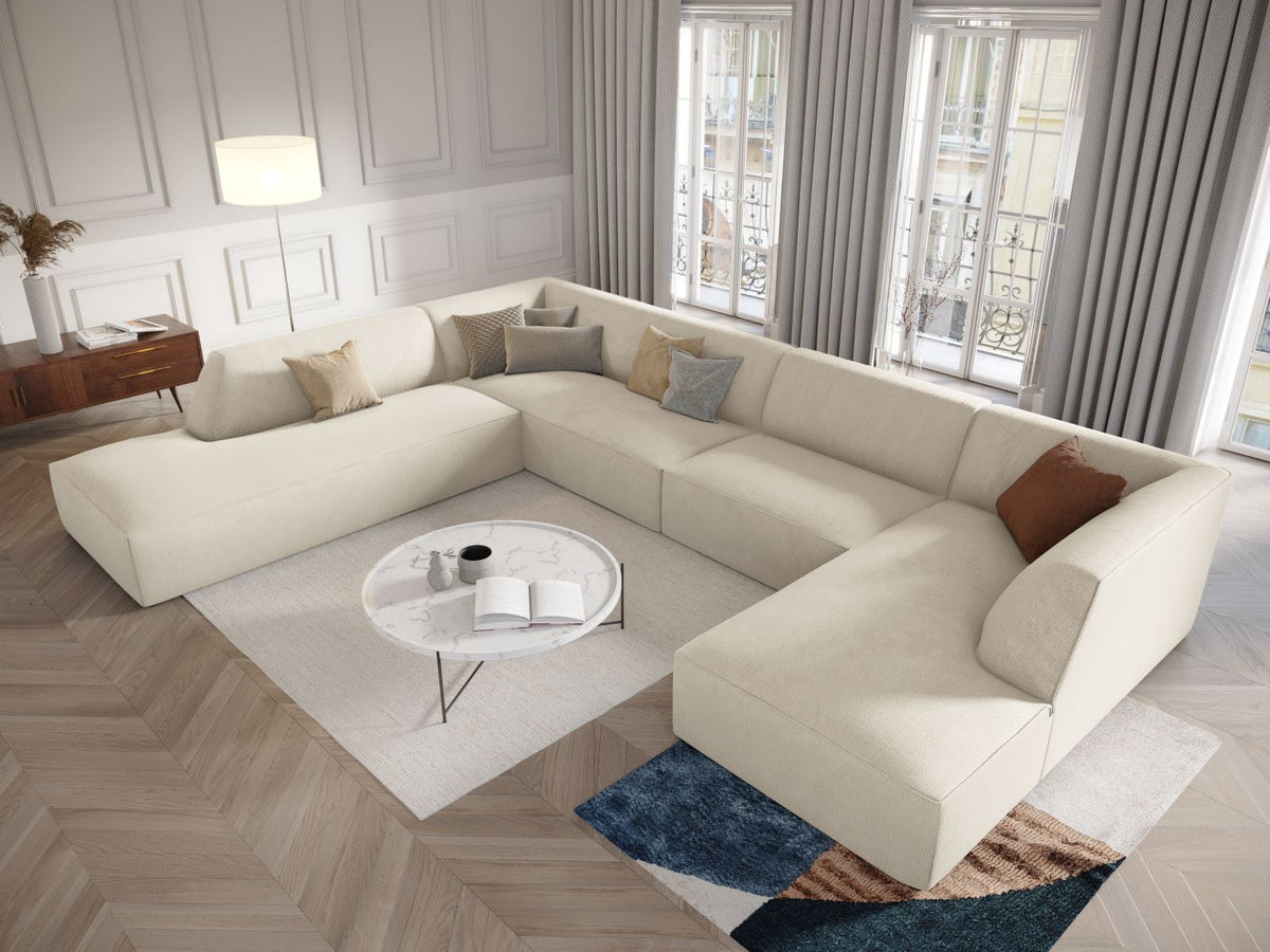 Cosmopolitan Design Siena Panorama-Ecksofa links, 7-Sitzer in Light Beige-Scala Cordstoff mit Massivholzrahmen und Kunststoffbeinen.