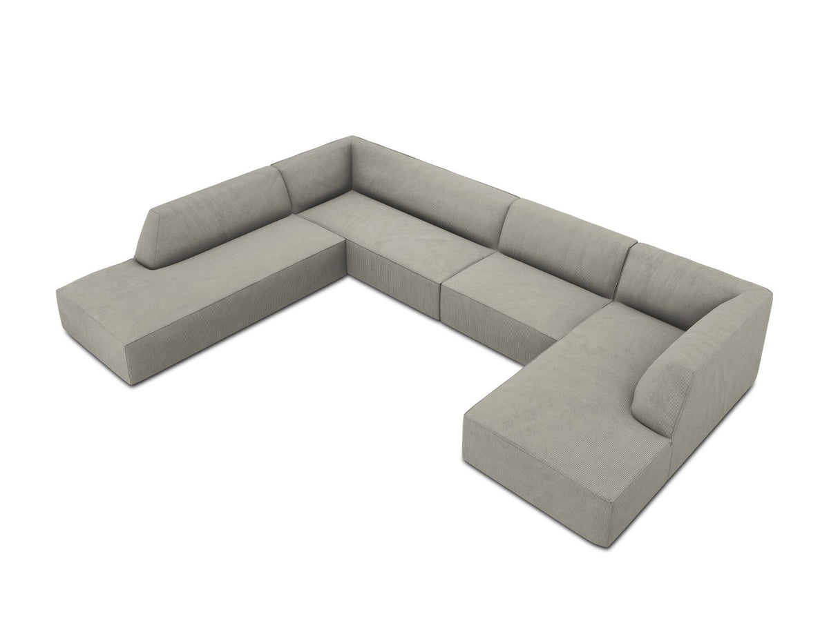 Cosmopolitan Design Siena Panorama-Ecksofa links, 7-Sitzer in Light Beige-Scala Cordstoff mit Massivholzrahmen und Kunststoffbeinen.