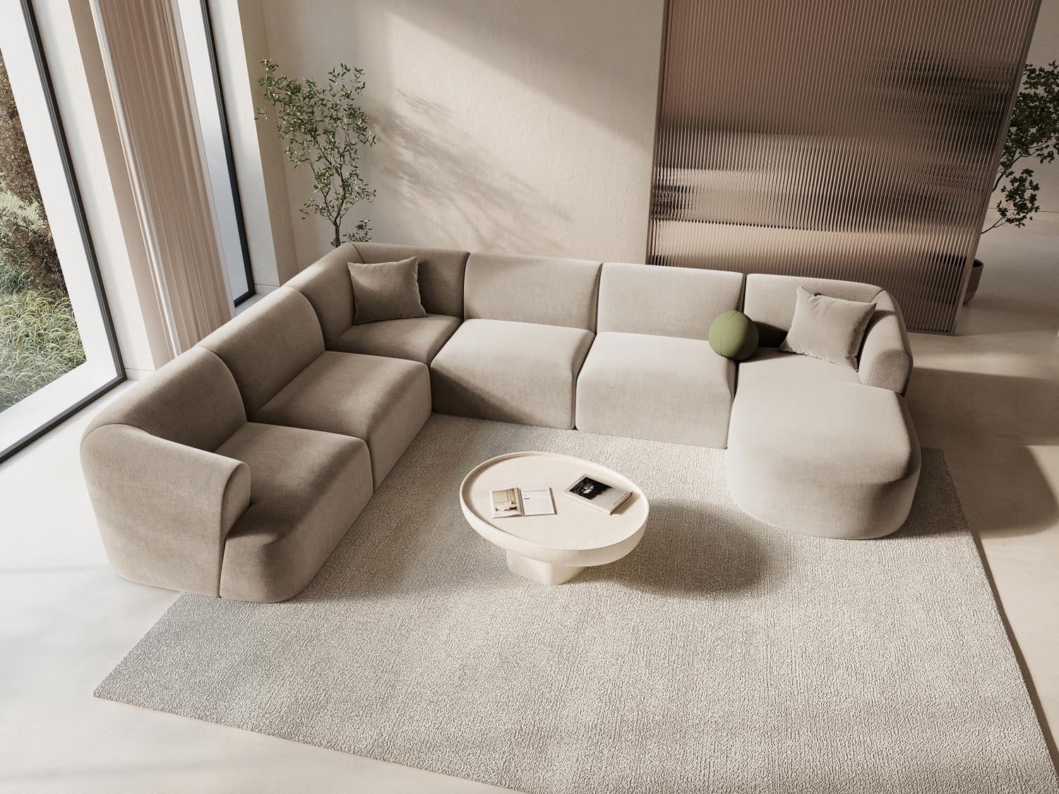 Entdecken Sie das stilvolle Campi Velour Modular Panoramic Ecksofa links 7 Sitzer von Cosmopolitan Design – perfekt für Ihr modernes Wohnzimmer, flexibel und bequem.