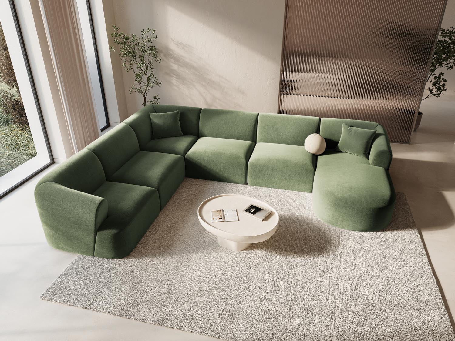 Entdecken Sie das stilvolle Campi Velour Modular Panoramic Ecksofa links 7 Sitzer von Cosmopolitan Design – perfekt für Ihr modernes Wohnzimmer, flexibel und bequem.