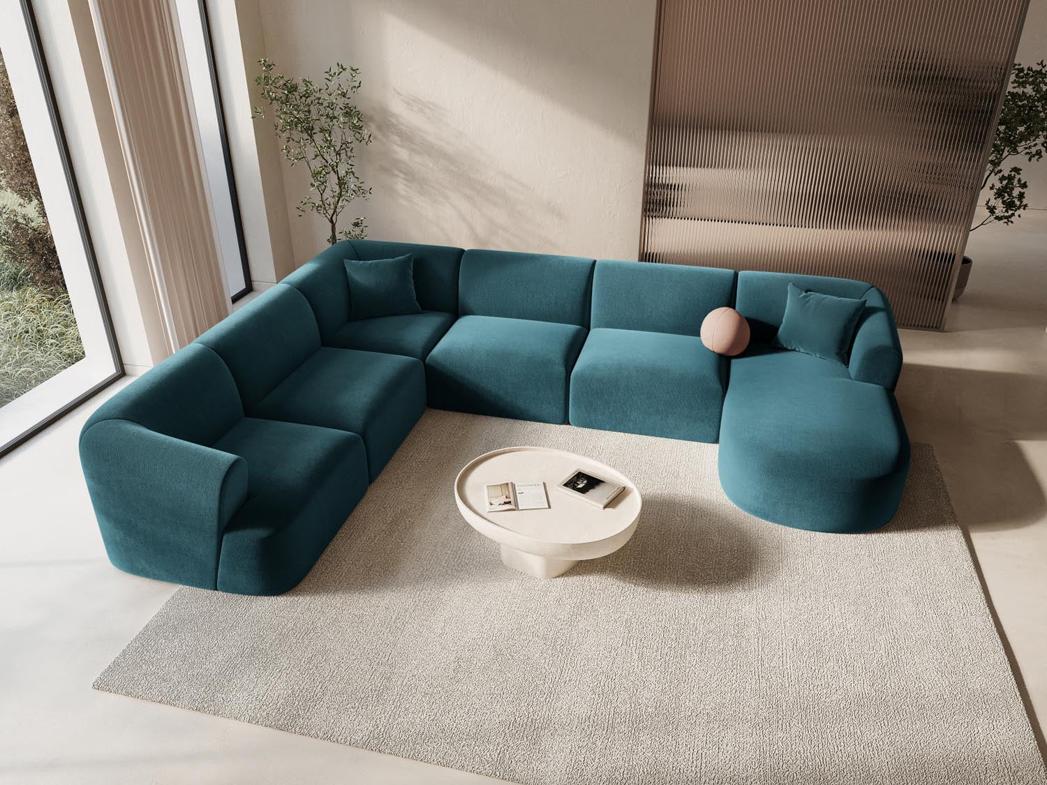 Entdecken Sie das stilvolle Campi Velour Modular Panoramic Ecksofa links 7 Sitzer von Cosmopolitan Design – perfekt für Ihr modernes Wohnzimmer, flexibel und bequem.