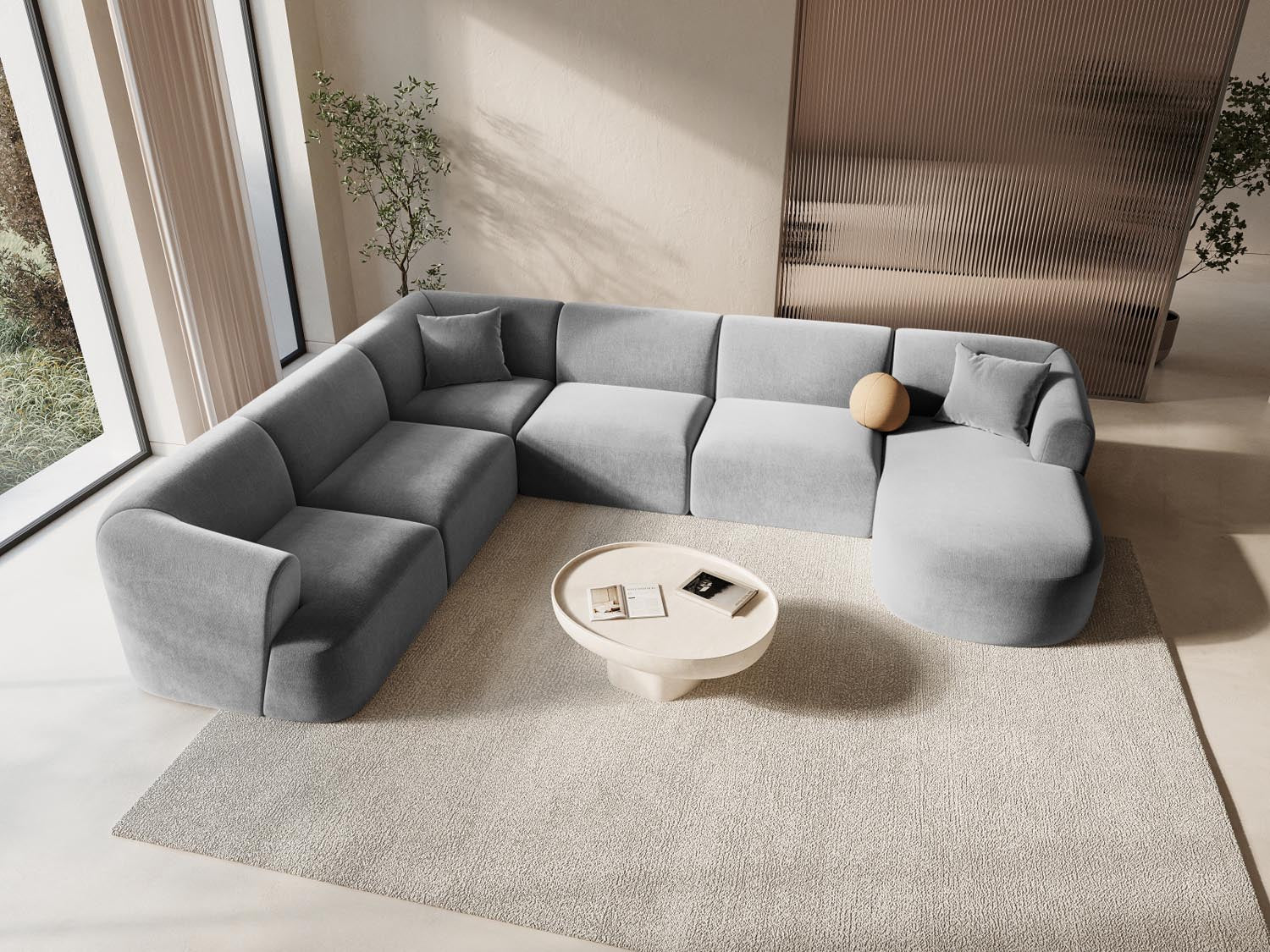 Entdecken Sie das stilvolle Campi Velour Modular Panoramic Ecksofa links 7 Sitzer von Cosmopolitan Design – perfekt für Ihr modernes Wohnzimmer, flexibel und bequem.