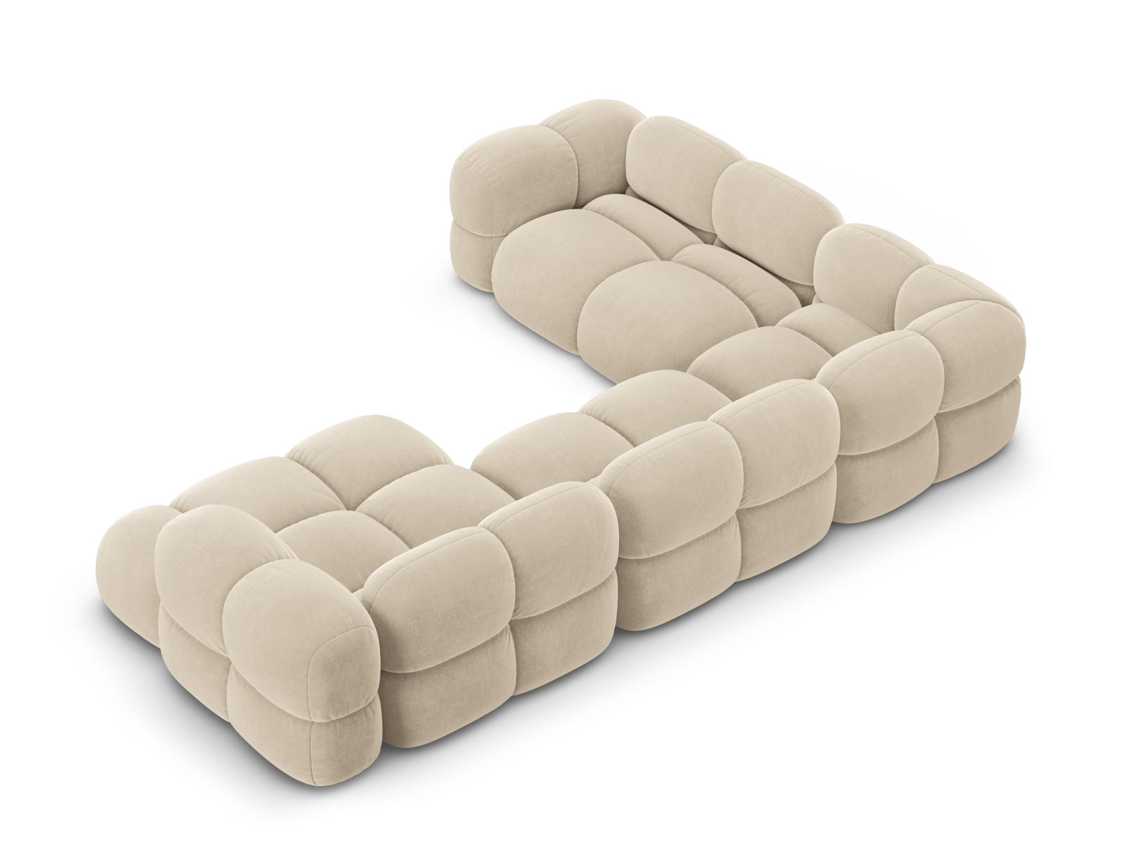 Elegantes Loretto Velour Panoramic Ecksofa links in hellem Beige, ideal für stilvolle Wohnräume und entspannte Stunden. 5-Sitzer, 250 cm.