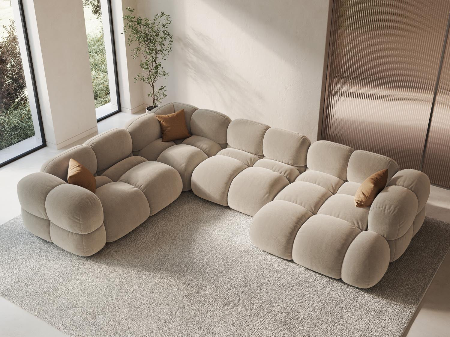 Elegantes Loretto Velour Panoramic Ecksofa links in hellem Beige, ideal für stilvolle Wohnräume, präsentiert von Cosmopolitan Design.