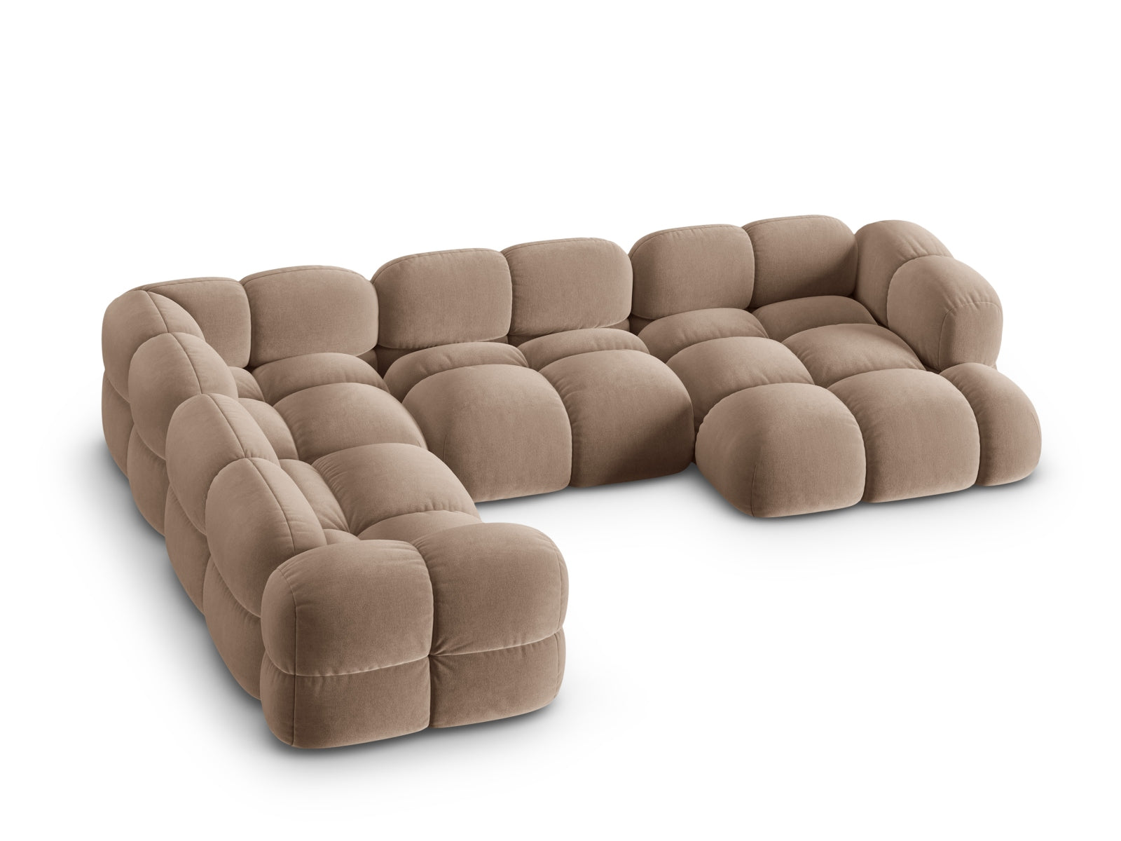 Modernes Loretto Velour Panoramic Ecksofa links in edlem Dunkelbeige, großzügiges 5-Sitzer-Design, perfekt für gemütliche Wohnzimmer.