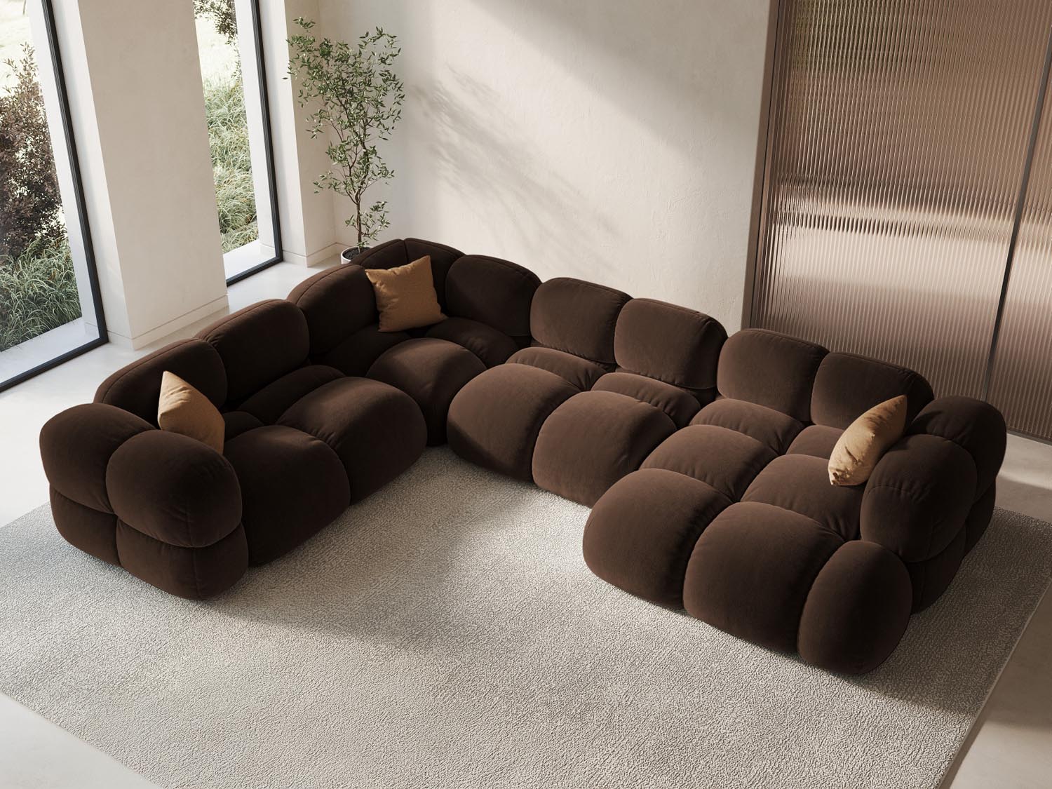 Elegantes Loretto Velour Panoramic Ecksofa links in Chocolate-Vogue, ideal für stilvolle Wohnräume und gemütliche Abende.