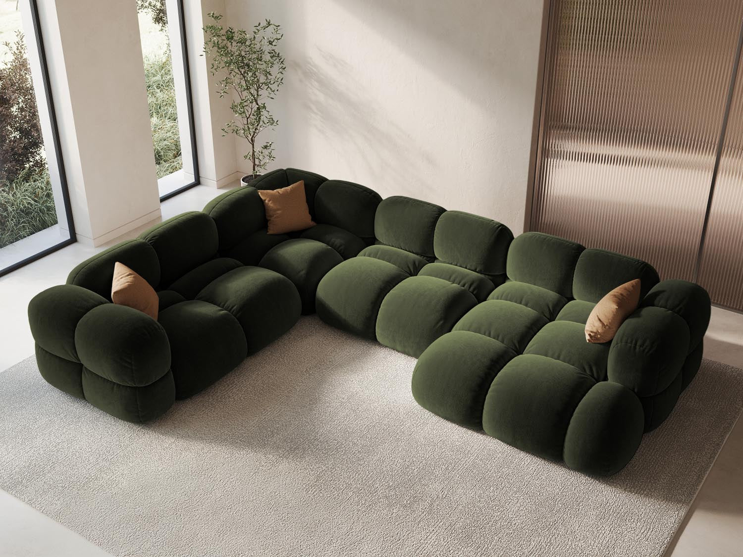 Elegantes Loretto Velour Panoramic Ecksofa links in stilvollem Grün, ideal für moderne Wohnräume, 5 Sitzer, 250 cm.