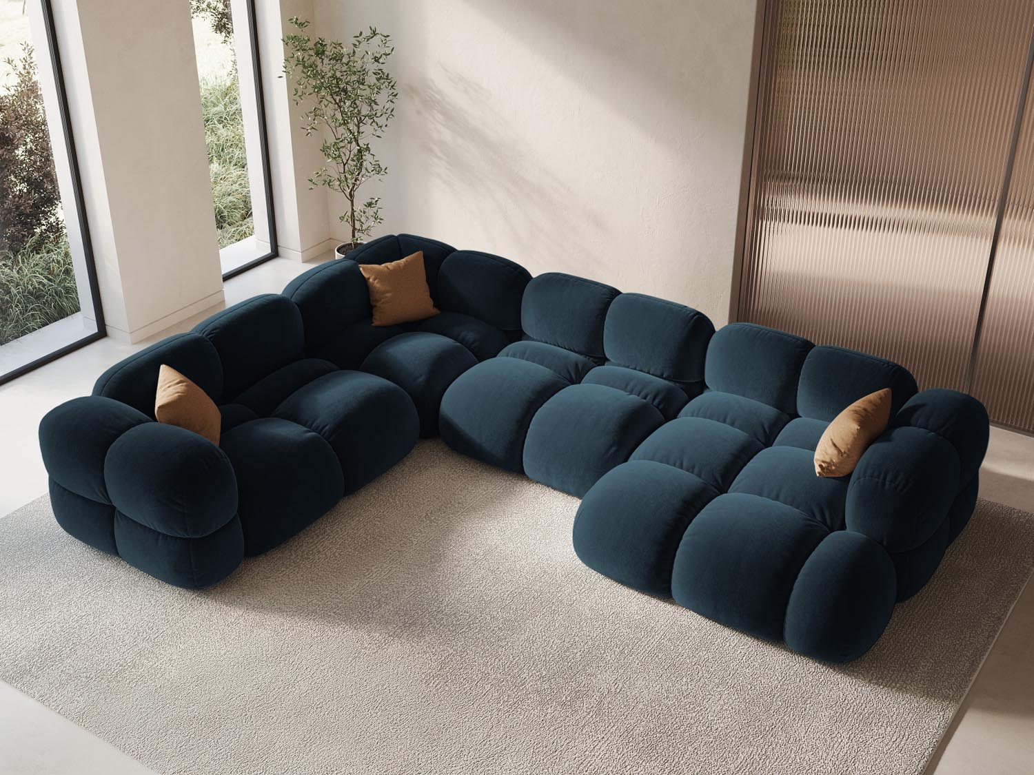 Elegantes Loretto Velour Panoramic Ecksofa links in Deep Petrol-Vogue, ideal für stilvolle Wohnräume, 5 Sitzer, 250cm.