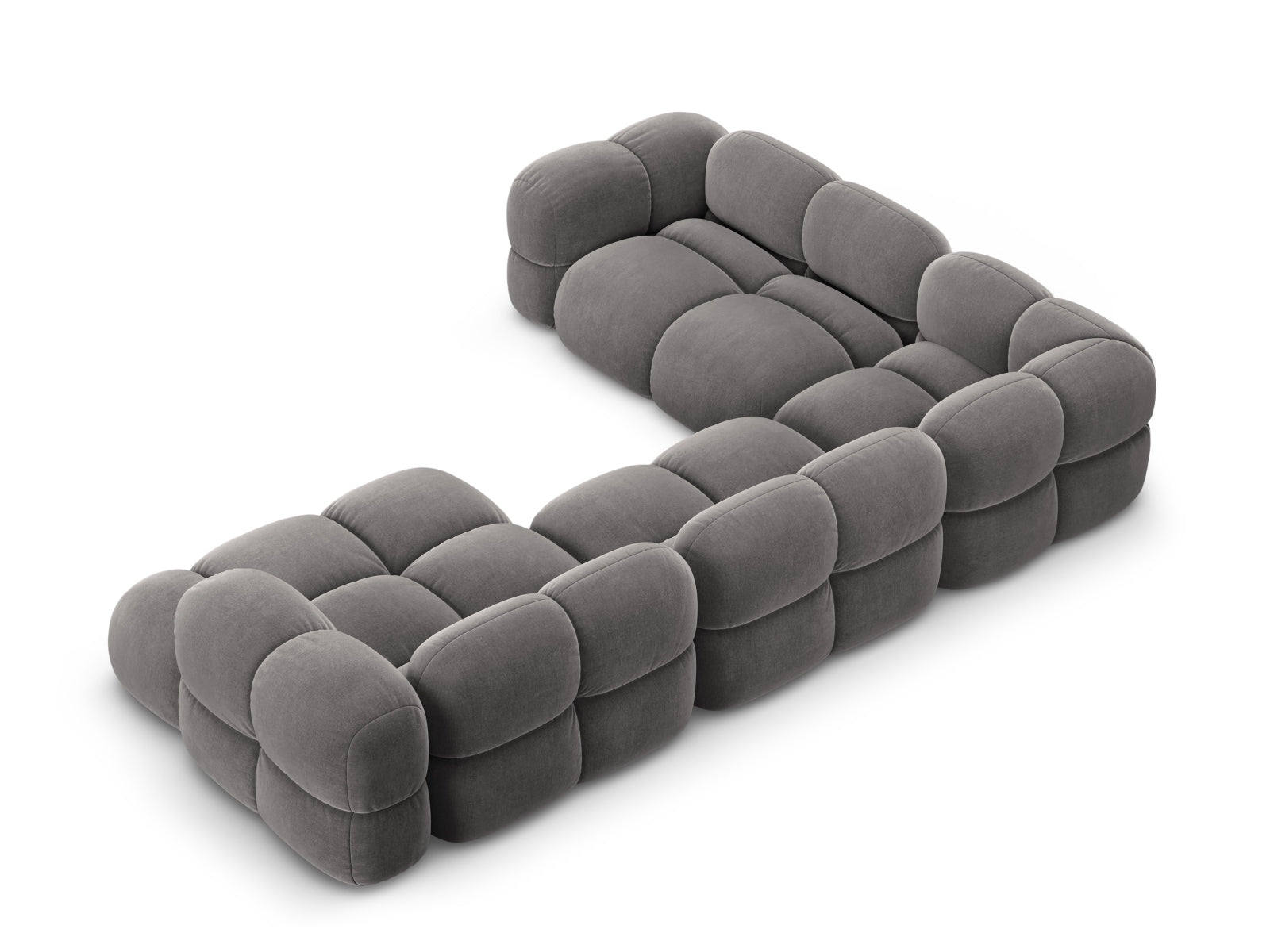 Elegantes Loretto Velour Panoramic Ecksofa links in stilvollem Grau, ideal für gemütliche Zusammenkünfte und entspannende Momente.