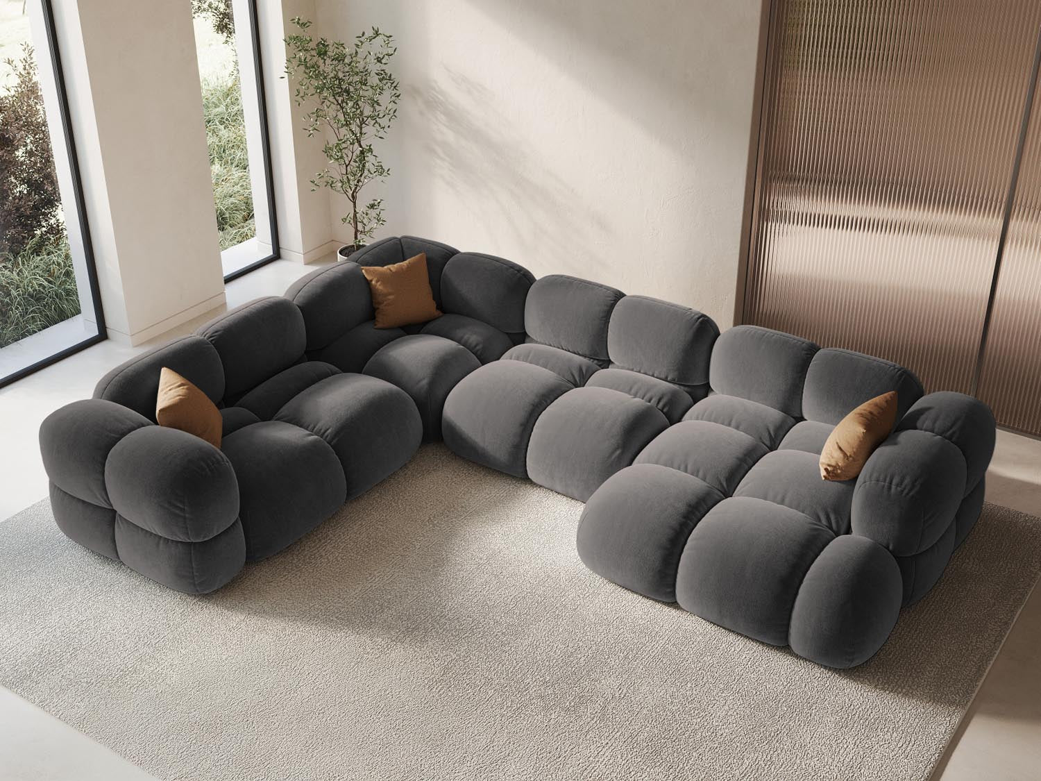 Elegantes Loretto Velour Panoramic Ecksofa links in Grau, ideal für stilvolle Wohnräume, bietet Platz für bis zu fünf Personen.
