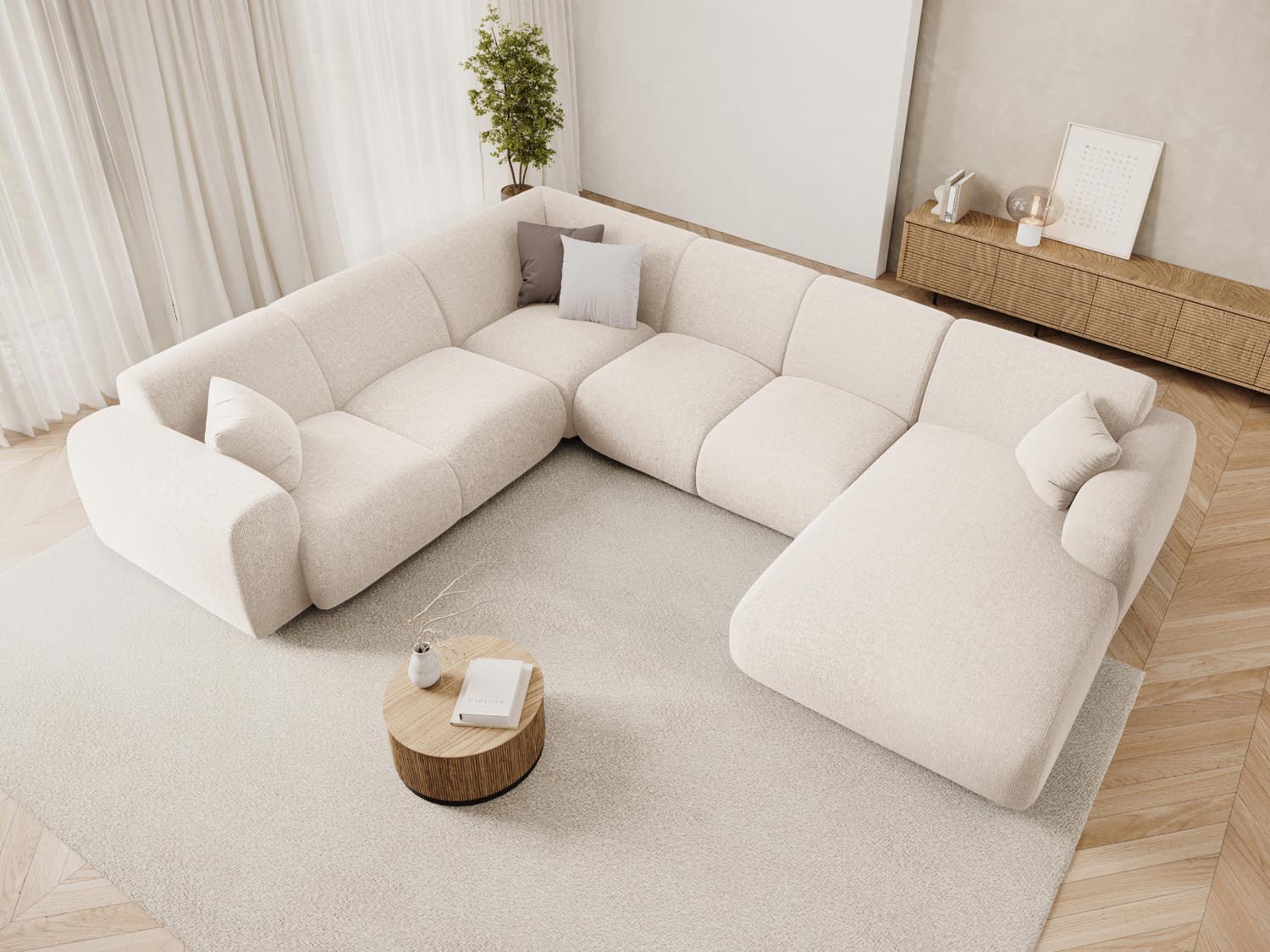 Elegantes Nolio Panoramic Ecksofa links in Light Beige-Haga, ideal für stilvolle Wohnräume, mit Platz für bis zu 6 Personen.