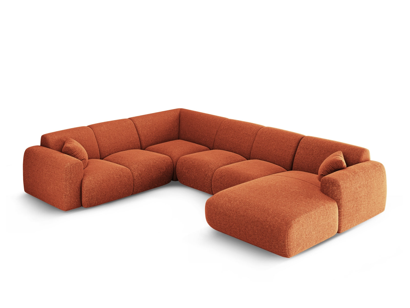 Modernes Nolio Panoramic Ecksofa links in warmem Terracotta, perfekt für gesellige Abende und stilvolle Einrichtung, bietet Platz für 6 Personen.