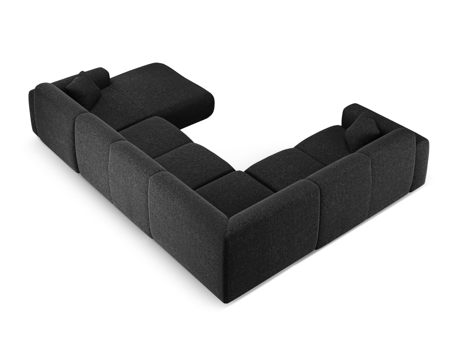 Elegantes Nolio Panoramic Ecksofa links in Schwarz, ideal für gesellige Runden, bietet Platz für bis zu sechs Personen und vereint Komfort mit modernem Stil.