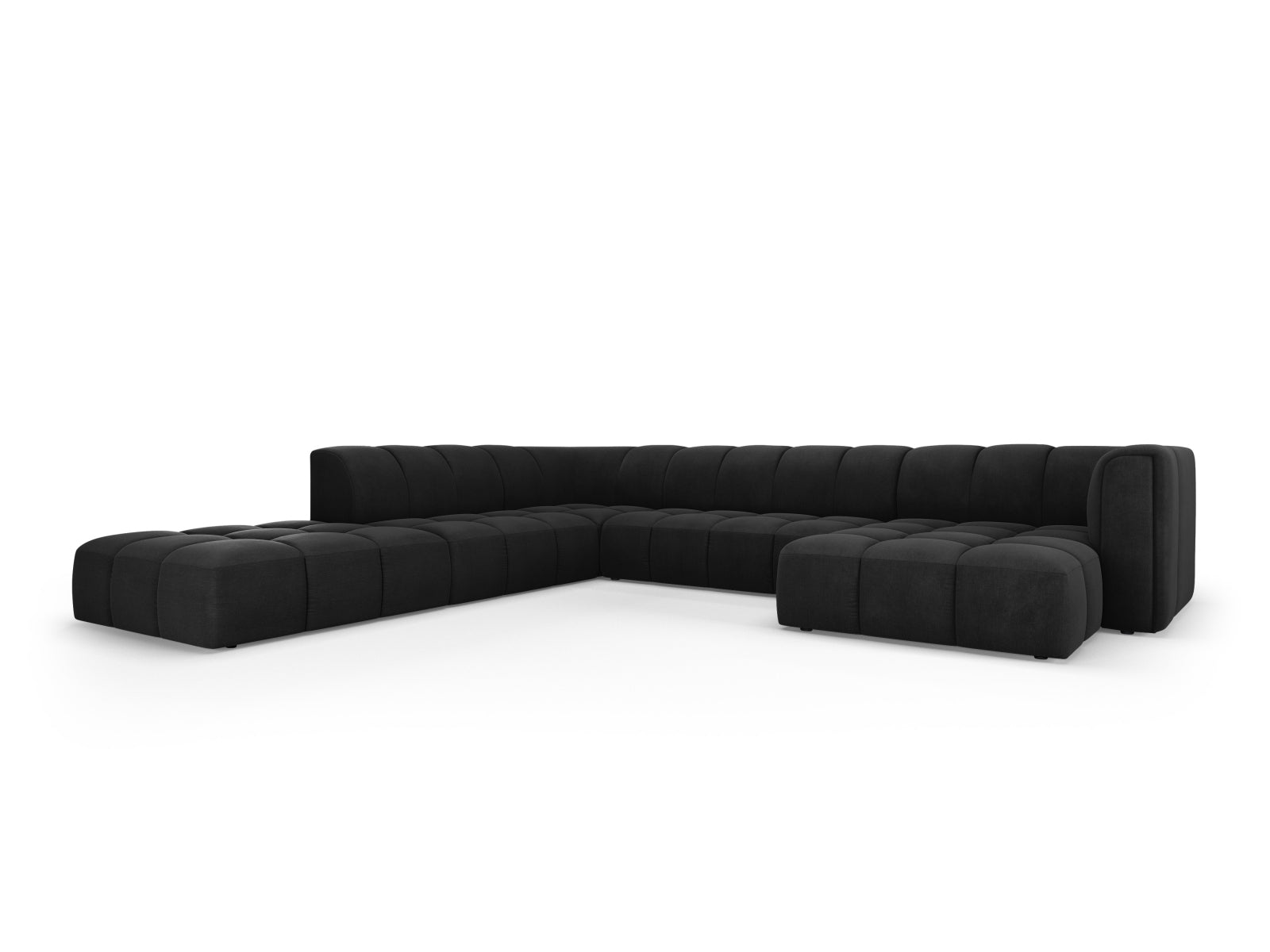 Stilvolles 7-Sitzer Ecksofa Panoramic links Moritz in elegantem Schwarz, ideal für moderne Wohnräume und gemütliche Abende.