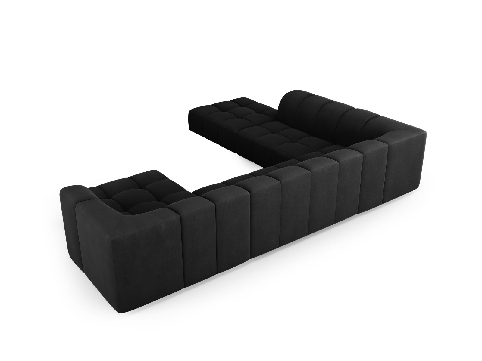 Geräumiges 7-Sitzer Ecksofa Panoramic links Moritz in zeitlosem Schwarz, perfekt für gesellige Runden und stilvolle Einrichtung.