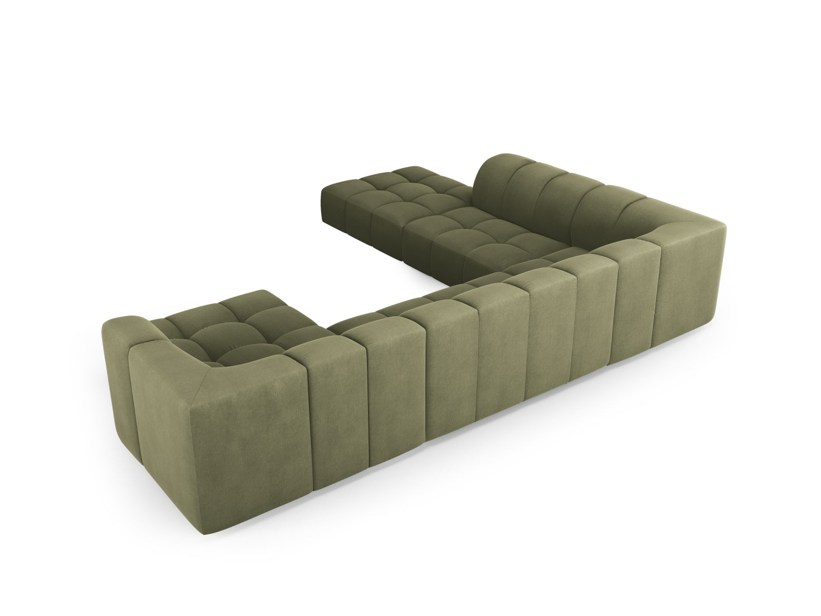 Elegantes 7-Sitzer Ecksofa Moritz in zartem Lichtgrün, perfekt für großzügige Wohnlandschaften, angeboten von Cosmopolitan Design.
