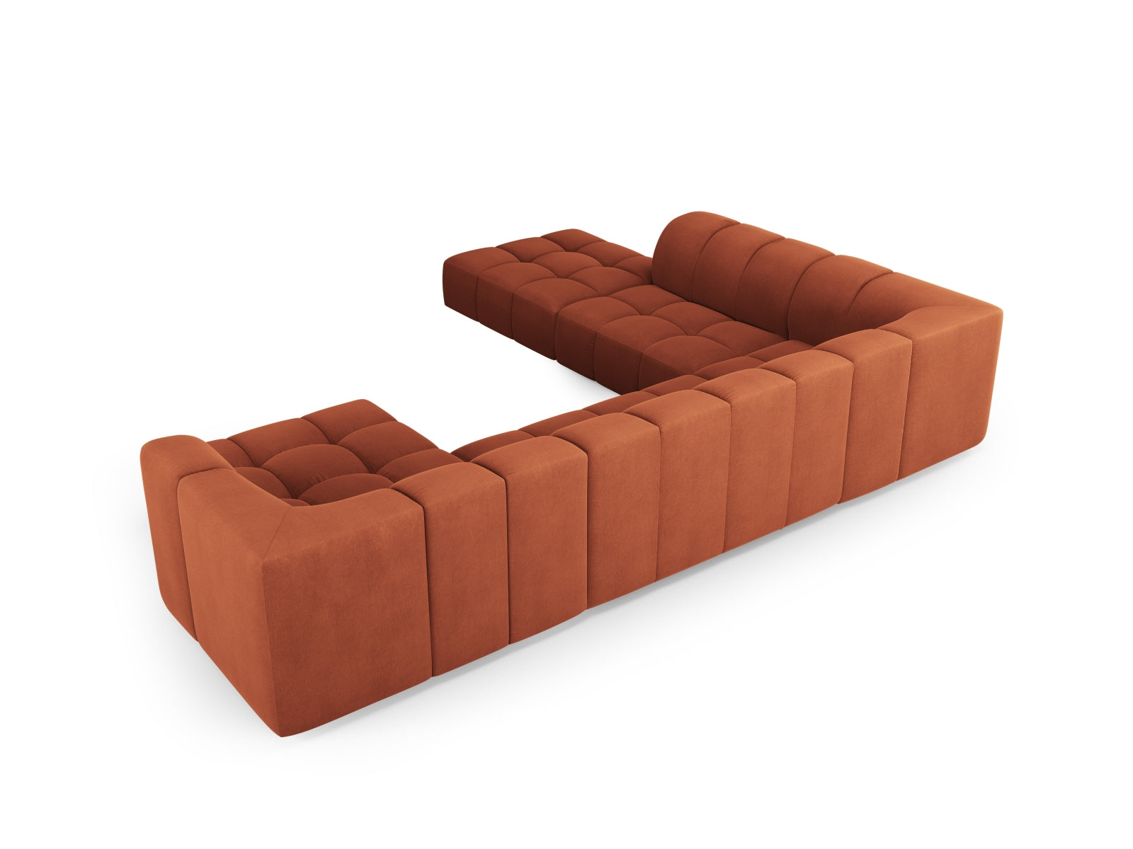 Elegantes 7-Sitzer Ecksofa Panoramic links Moritz in warmem Orange, perfekt für gemütliche Wohnzimmer und stilvolle Einrichtung von Cosmopolitan Design.