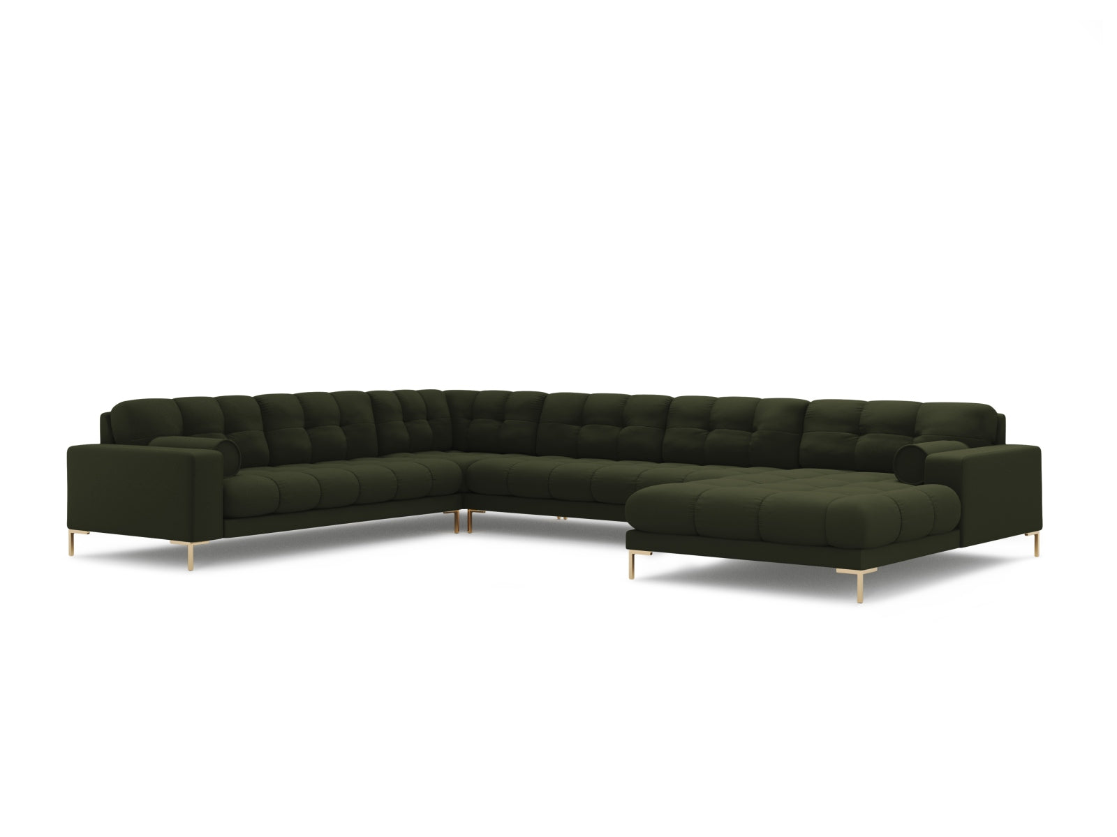 Modernes 7-Sitzer Ecksofa links Panoramic Bali in einem ansprechenden Grünton, perfekt für gemütliche und stilvolle Wohnlandschaften.